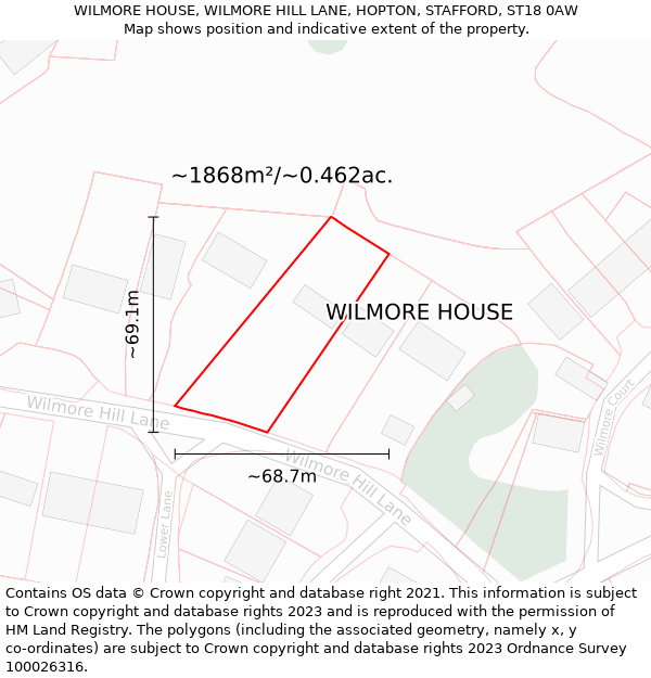 WILMORE HOUSE, WILMORE HILL LANE, HOPTON, STAFFORD, ST18 0AW: Plot and title map