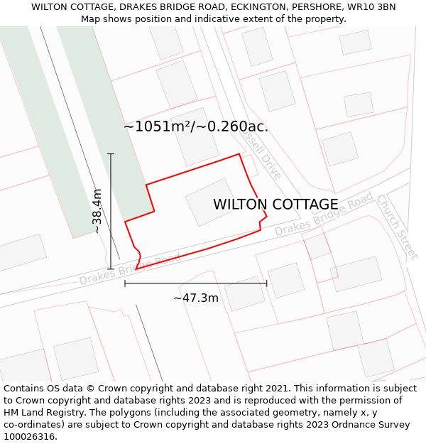 WILTON COTTAGE, DRAKES BRIDGE ROAD, ECKINGTON, PERSHORE, WR10 3BN: Plot and title map