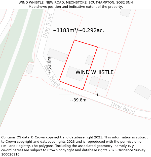 WIND WHISTLE, NEW ROAD, MEONSTOKE, SOUTHAMPTON, SO32 3NN: Plot and title map