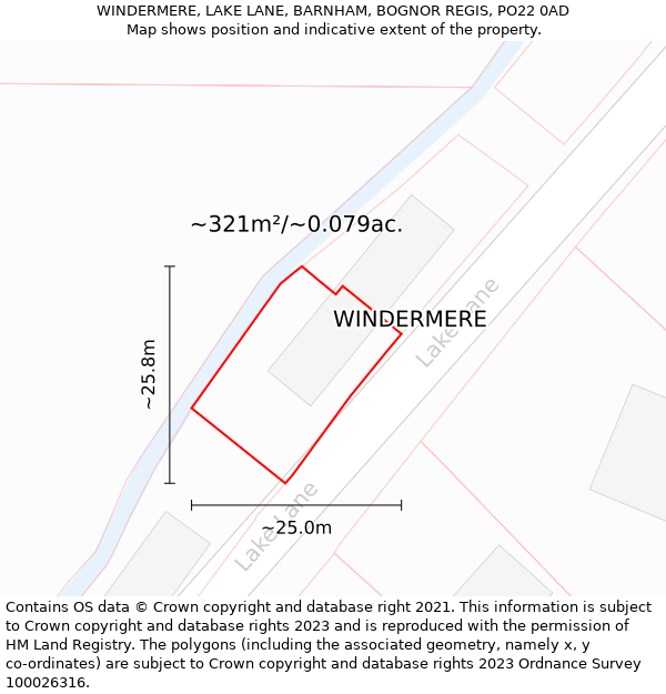 WINDERMERE, LAKE LANE, BARNHAM, BOGNOR REGIS, PO22 0AD: Plot and title map