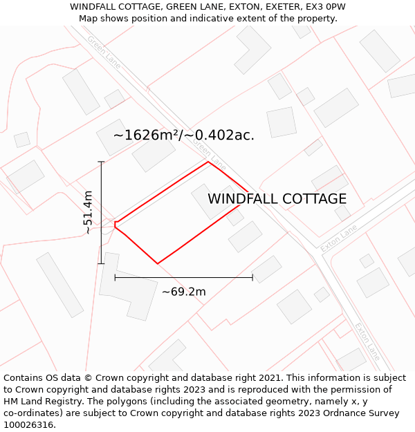 WINDFALL COTTAGE, GREEN LANE, EXTON, EXETER, EX3 0PW: Plot and title map