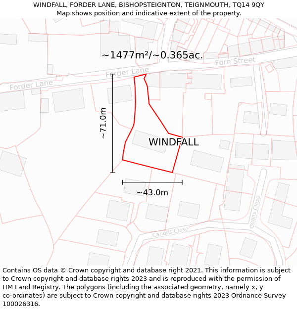 WINDFALL, FORDER LANE, BISHOPSTEIGNTON, TEIGNMOUTH, TQ14 9QY: Plot and title map