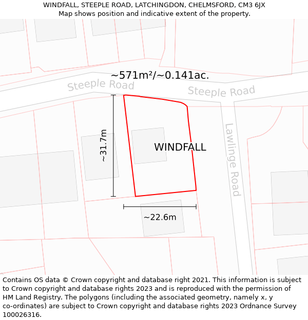 WINDFALL, STEEPLE ROAD, LATCHINGDON, CHELMSFORD, CM3 6JX: Plot and title map