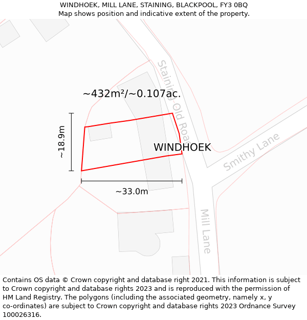 WINDHOEK, MILL LANE, STAINING, BLACKPOOL, FY3 0BQ: Plot and title map