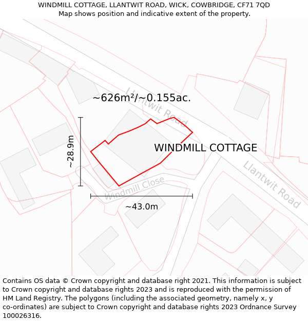 WINDMILL COTTAGE, LLANTWIT ROAD, WICK, COWBRIDGE, CF71 7QD: Plot and title map