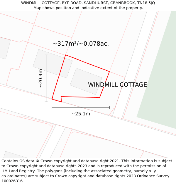 WINDMILL COTTAGE, RYE ROAD, SANDHURST, CRANBROOK, TN18 5JQ: Plot and title map