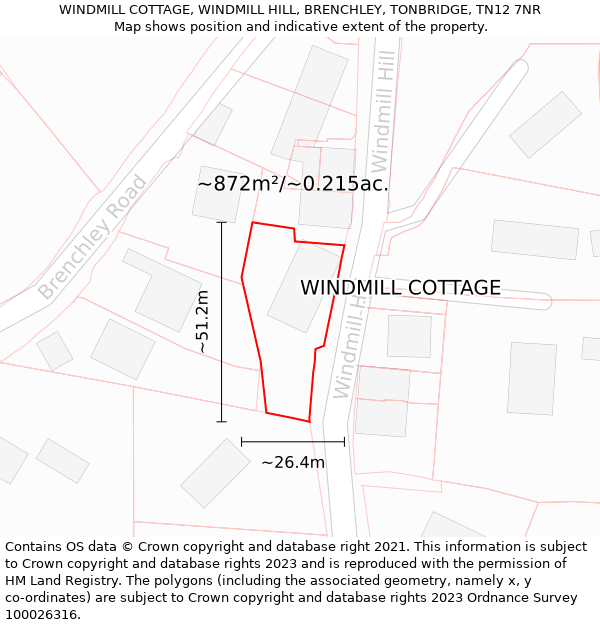 WINDMILL COTTAGE, WINDMILL HILL, BRENCHLEY, TONBRIDGE, TN12 7NR: Plot and title map