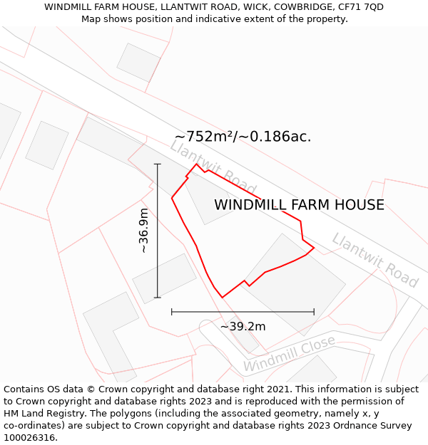 WINDMILL FARM HOUSE, LLANTWIT ROAD, WICK, COWBRIDGE, CF71 7QD: Plot and title map