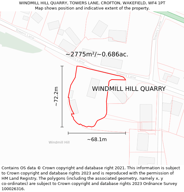 WINDMILL HILL QUARRY, TOWERS LANE, CROFTON, WAKEFIELD, WF4 1PT: Plot and title map