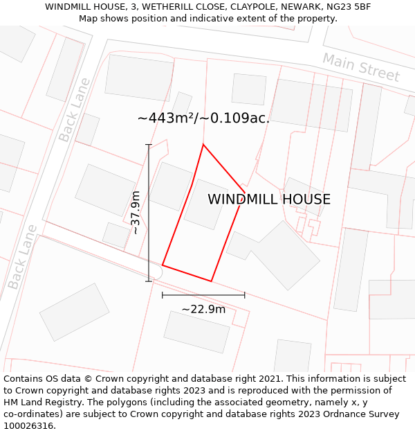 WINDMILL HOUSE, 3, WETHERILL CLOSE, CLAYPOLE, NEWARK, NG23 5BF: Plot and title map
