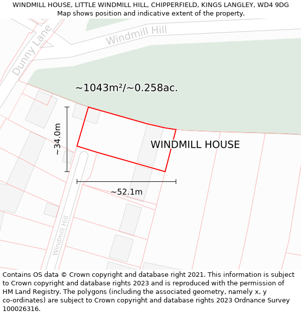 WINDMILL HOUSE, LITTLE WINDMILL HILL, CHIPPERFIELD, KINGS LANGLEY, WD4 9DG: Plot and title map
