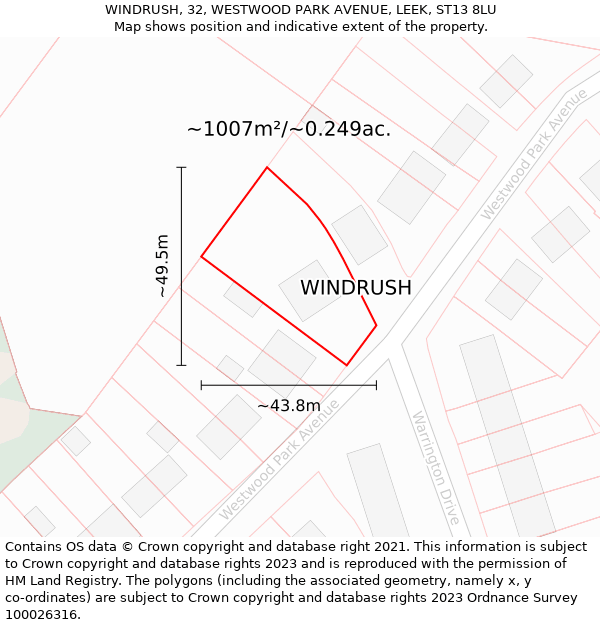 WINDRUSH, 32, WESTWOOD PARK AVENUE, LEEK, ST13 8LU: Plot and title map