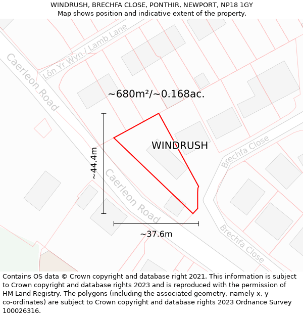 WINDRUSH, BRECHFA CLOSE, PONTHIR, NEWPORT, NP18 1GY: Plot and title map