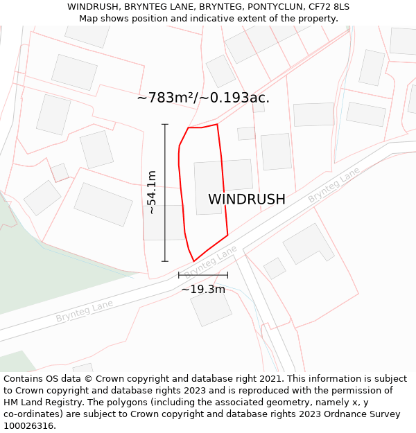 WINDRUSH, BRYNTEG LANE, BRYNTEG, PONTYCLUN, CF72 8LS: Plot and title map