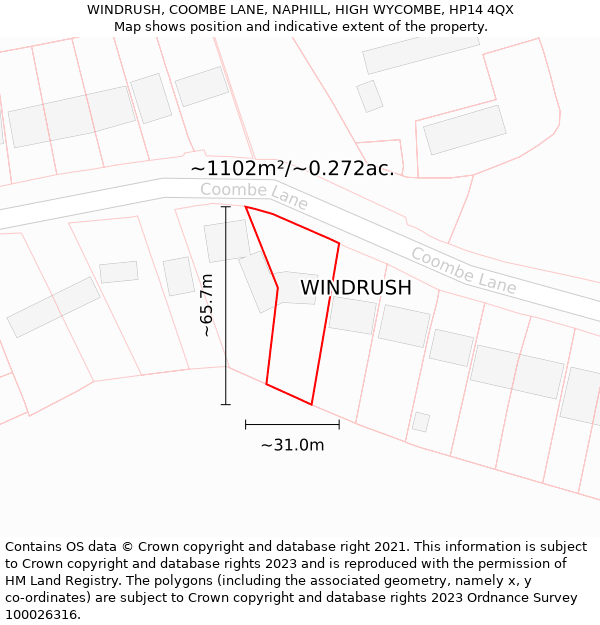 WINDRUSH, COOMBE LANE, NAPHILL, HIGH WYCOMBE, HP14 4QX: Plot and title map