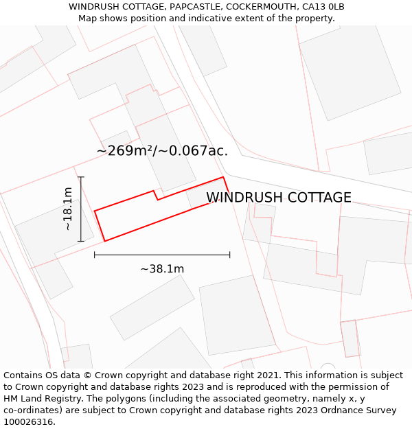 WINDRUSH COTTAGE, PAPCASTLE, COCKERMOUTH, CA13 0LB: Plot and title map