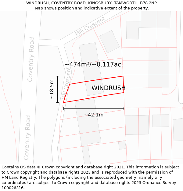 WINDRUSH, COVENTRY ROAD, KINGSBURY, TAMWORTH, B78 2NP: Plot and title map