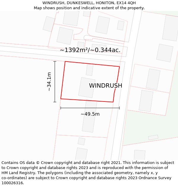 WINDRUSH, DUNKESWELL, HONITON, EX14 4QH: Plot and title map