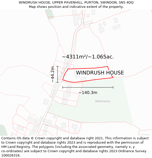 WINDRUSH HOUSE, UPPER PAVENHILL, PURTON, SWINDON, SN5 4DQ: Plot and title map