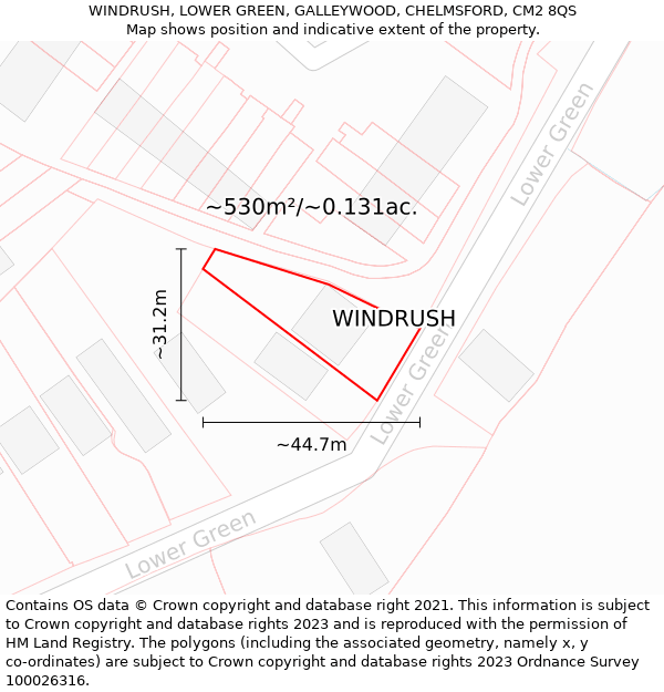 WINDRUSH, LOWER GREEN, GALLEYWOOD, CHELMSFORD, CM2 8QS: Plot and title map