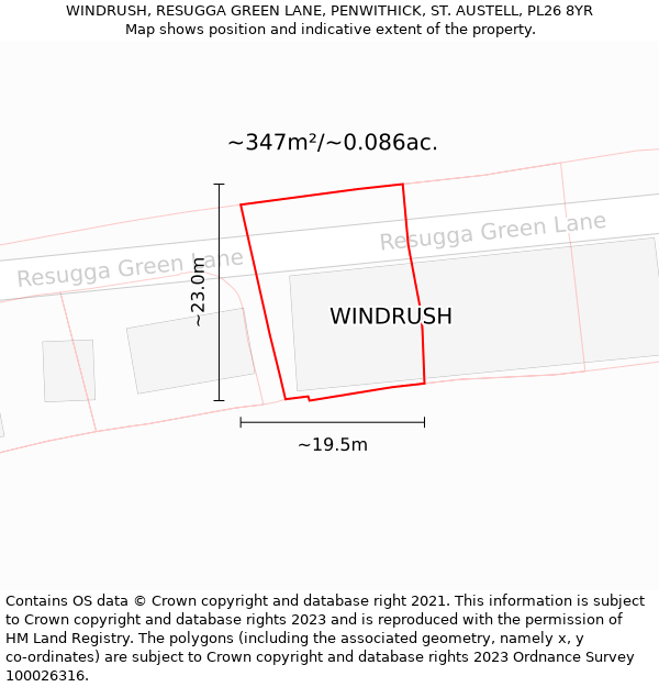 WINDRUSH, RESUGGA GREEN LANE, PENWITHICK, ST. AUSTELL, PL26 8YR: Plot and title map