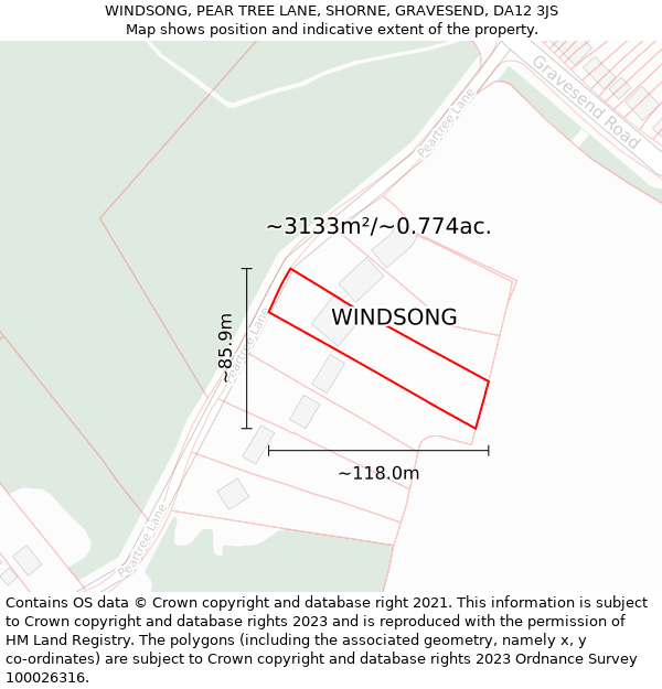 WINDSONG, PEAR TREE LANE, SHORNE, GRAVESEND, DA12 3JS: Plot and title map