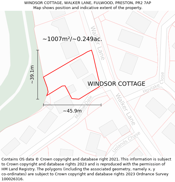 WINDSOR COTTAGE, WALKER LANE, FULWOOD, PRESTON, PR2 7AP: Plot and title map