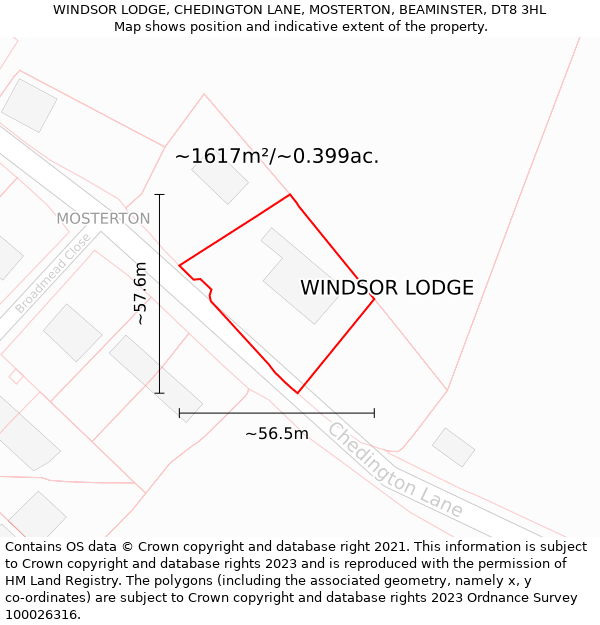 WINDSOR LODGE, CHEDINGTON LANE, MOSTERTON, BEAMINSTER, DT8 3HL: Plot and title map