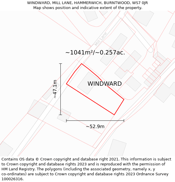 WINDWARD, MILL LANE, HAMMERWICH, BURNTWOOD, WS7 0JR: Plot and title map