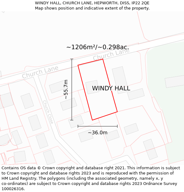 WINDY HALL, CHURCH LANE, HEPWORTH, DISS, IP22 2QE: Plot and title map