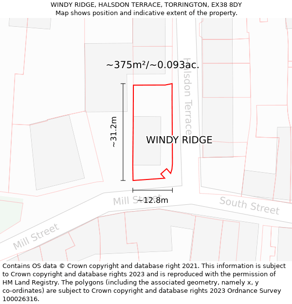 WINDY RIDGE, HALSDON TERRACE, TORRINGTON, EX38 8DY: Plot and title map