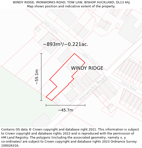 WINDY RIDGE, IRONWORKS ROAD, TOW LAW, BISHOP AUCKLAND, DL13 4AJ: Plot and title map