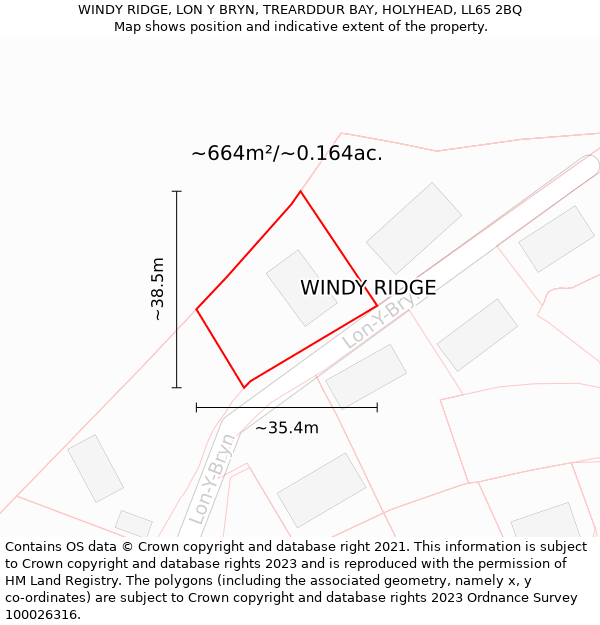 WINDY RIDGE, LON Y BRYN, TREARDDUR BAY, HOLYHEAD, LL65 2BQ: Plot and title map
