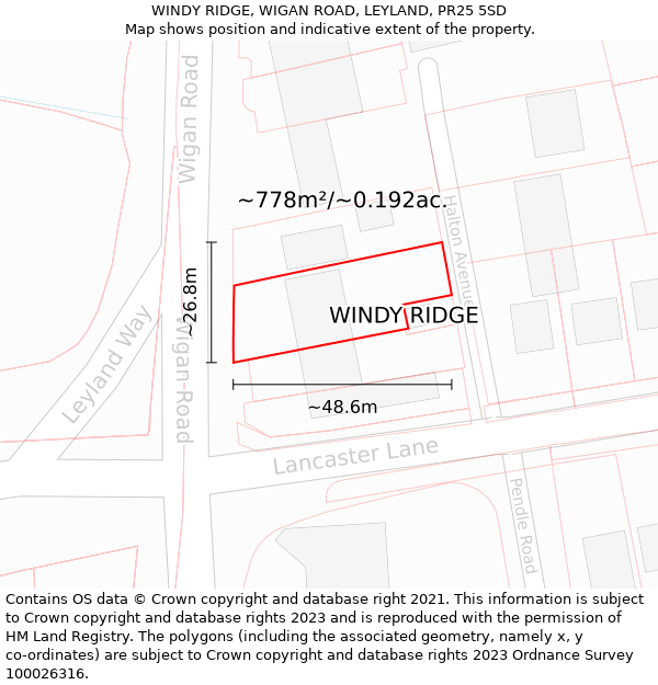 WINDY RIDGE, WIGAN ROAD, LEYLAND, PR25 5SD: Plot and title map