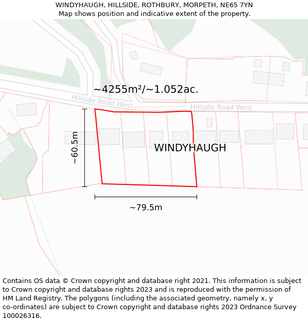 WINDYHAUGH, HILLSIDE, ROTHBURY, MORPETH, NE65 7YN: Plot and title map