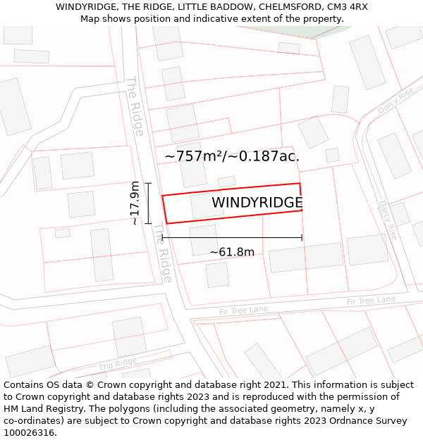 WINDYRIDGE, THE RIDGE, LITTLE BADDOW, CHELMSFORD, CM3 4RX: Plot and title map