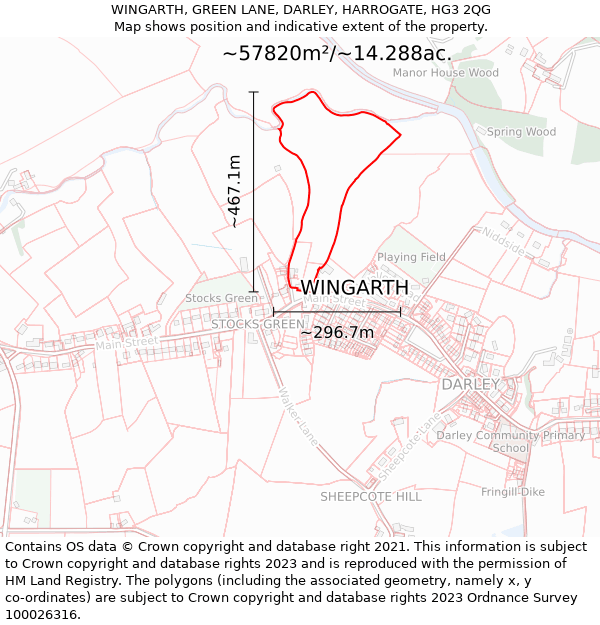 WINGARTH, GREEN LANE, DARLEY, HARROGATE, HG3 2QG: Plot and title map