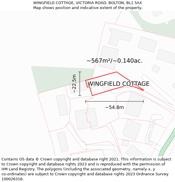WINGFIELD COTTAGE, VICTORIA ROAD, BOLTON, BL1 5AX: Plot and title map