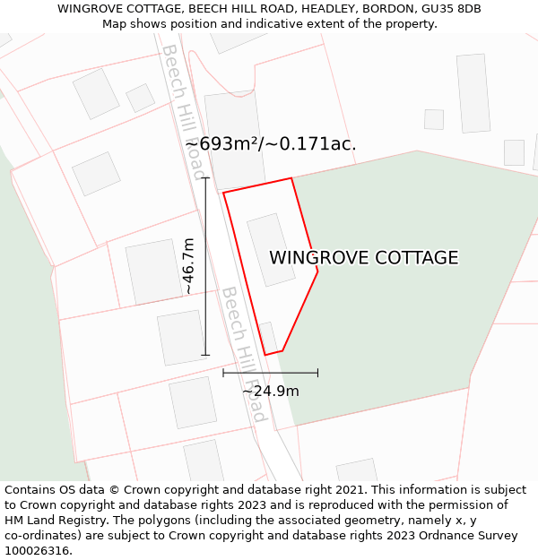 WINGROVE COTTAGE, BEECH HILL ROAD, HEADLEY, BORDON, GU35 8DB: Plot and title map