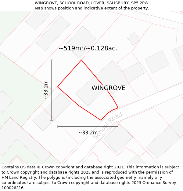 WINGROVE, SCHOOL ROAD, LOVER, SALISBURY, SP5 2PW: Plot and title map