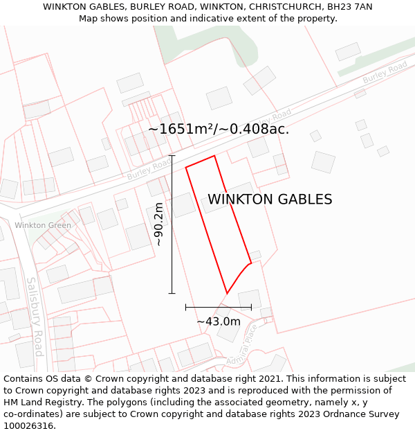 WINKTON GABLES, BURLEY ROAD, WINKTON, CHRISTCHURCH, BH23 7AN: Plot and title map