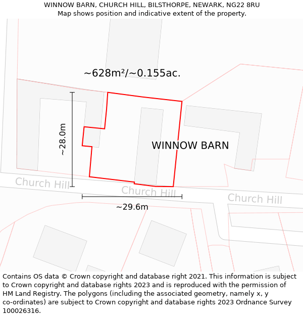 WINNOW BARN, CHURCH HILL, BILSTHORPE, NEWARK, NG22 8RU: Plot and title map