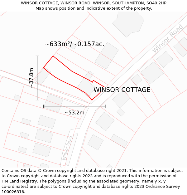 WINSOR COTTAGE, WINSOR ROAD, WINSOR, SOUTHAMPTON, SO40 2HP: Plot and title map