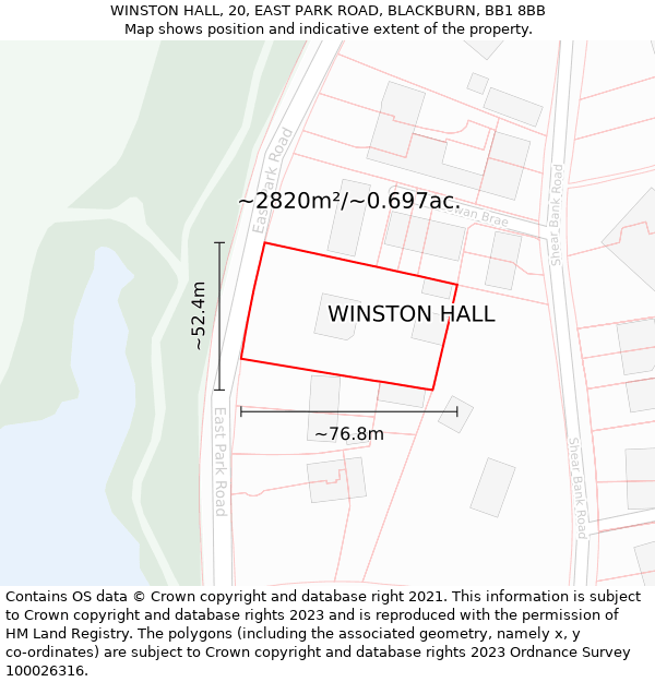 WINSTON HALL, 20, EAST PARK ROAD, BLACKBURN, BB1 8BB: Plot and title map