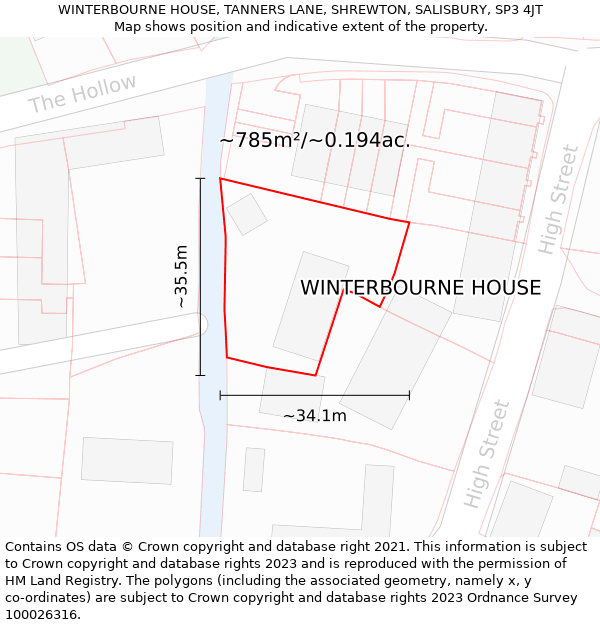 WINTERBOURNE HOUSE, TANNERS LANE, SHREWTON, SALISBURY, SP3 4JT: Plot and title map