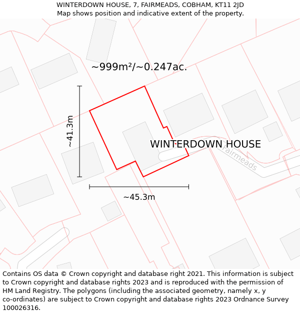 WINTERDOWN HOUSE, 7, FAIRMEADS, COBHAM, KT11 2JD: Plot and title map