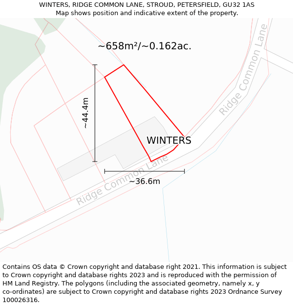 WINTERS, RIDGE COMMON LANE, STROUD, PETERSFIELD, GU32 1AS: Plot and title map