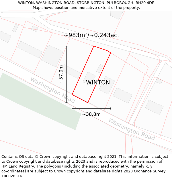 WINTON, WASHINGTON ROAD, STORRINGTON, PULBOROUGH, RH20 4DE: Plot and title map