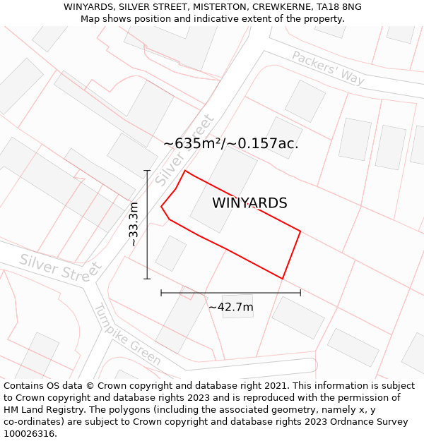 WINYARDS, SILVER STREET, MISTERTON, CREWKERNE, TA18 8NG: Plot and title map