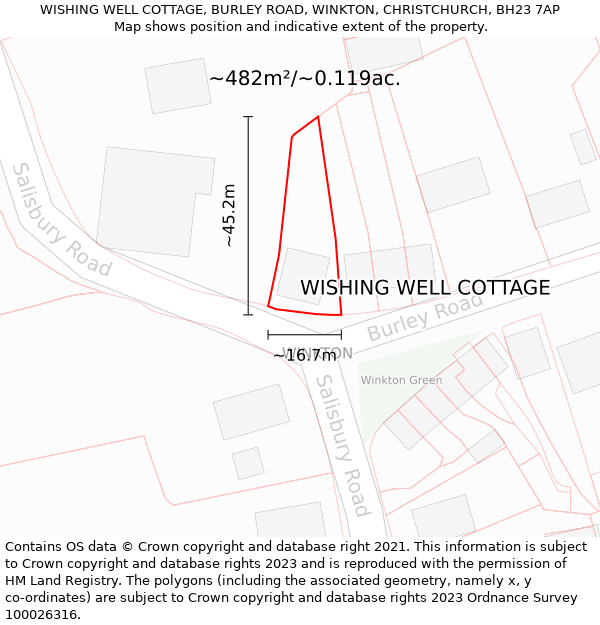 WISHING WELL COTTAGE, BURLEY ROAD, WINKTON, CHRISTCHURCH, BH23 7AP: Plot and title map